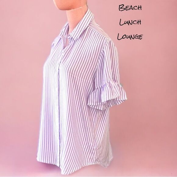 BEACH LUNCH LOUNGE BUTTON UP TOP BLOUSE PURPLE WHITE STRIPED RUFFLE SLEEVES SP - Picture 1 of 5
